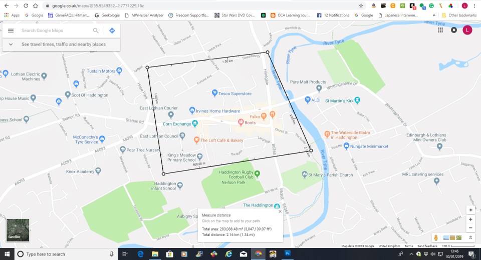 Google map showing square around town centre