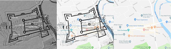 Overlaid map showing location of siege walls and earthworks over newer google map